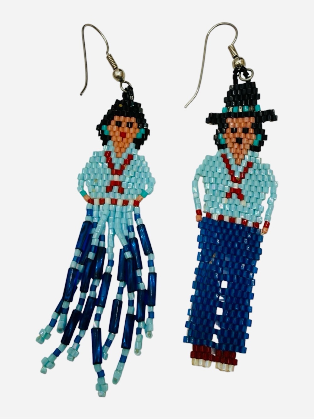 Handmade Southwest Style Turquoise & Blue Beaded Folk Art Couple Dangle Earrings